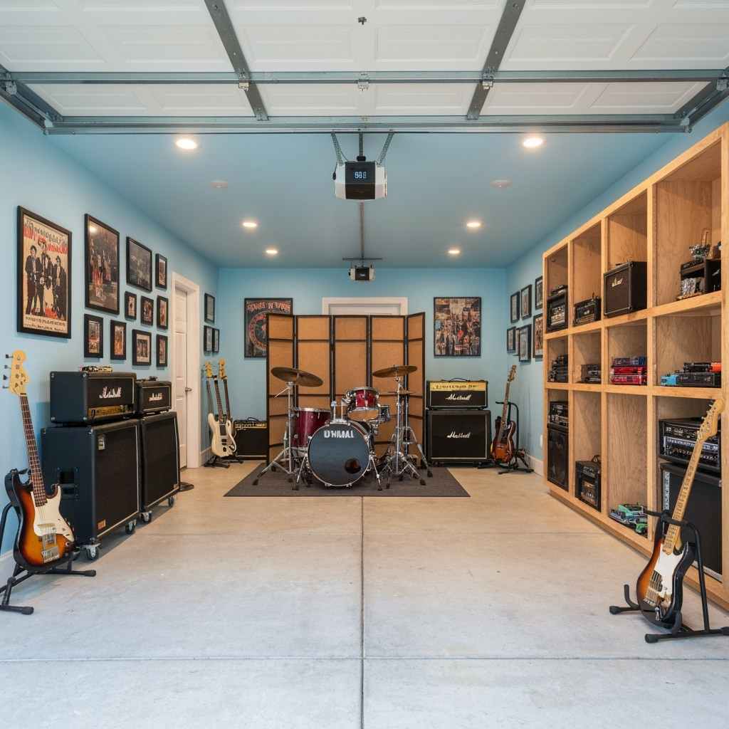 Organized garage band practice space with proper storage solutions