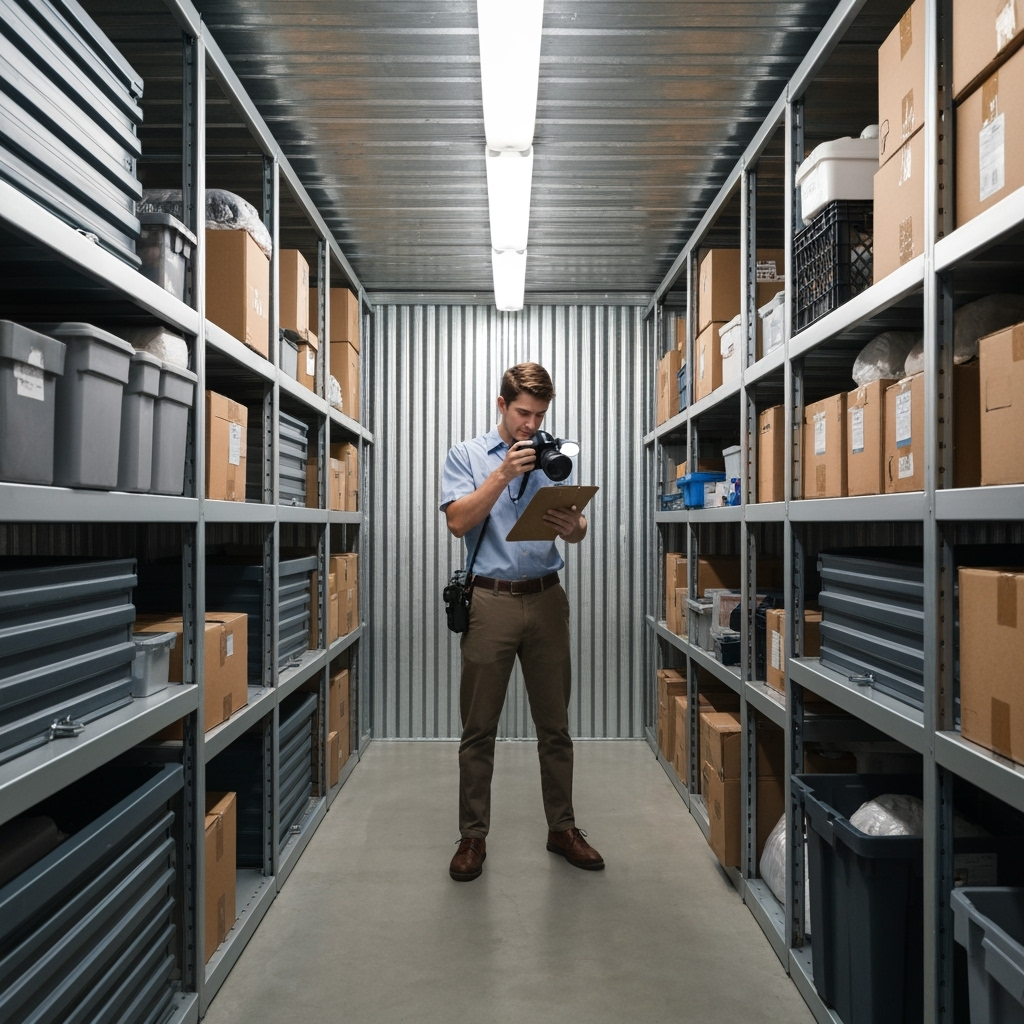Person documenting items for insurance in storage unit