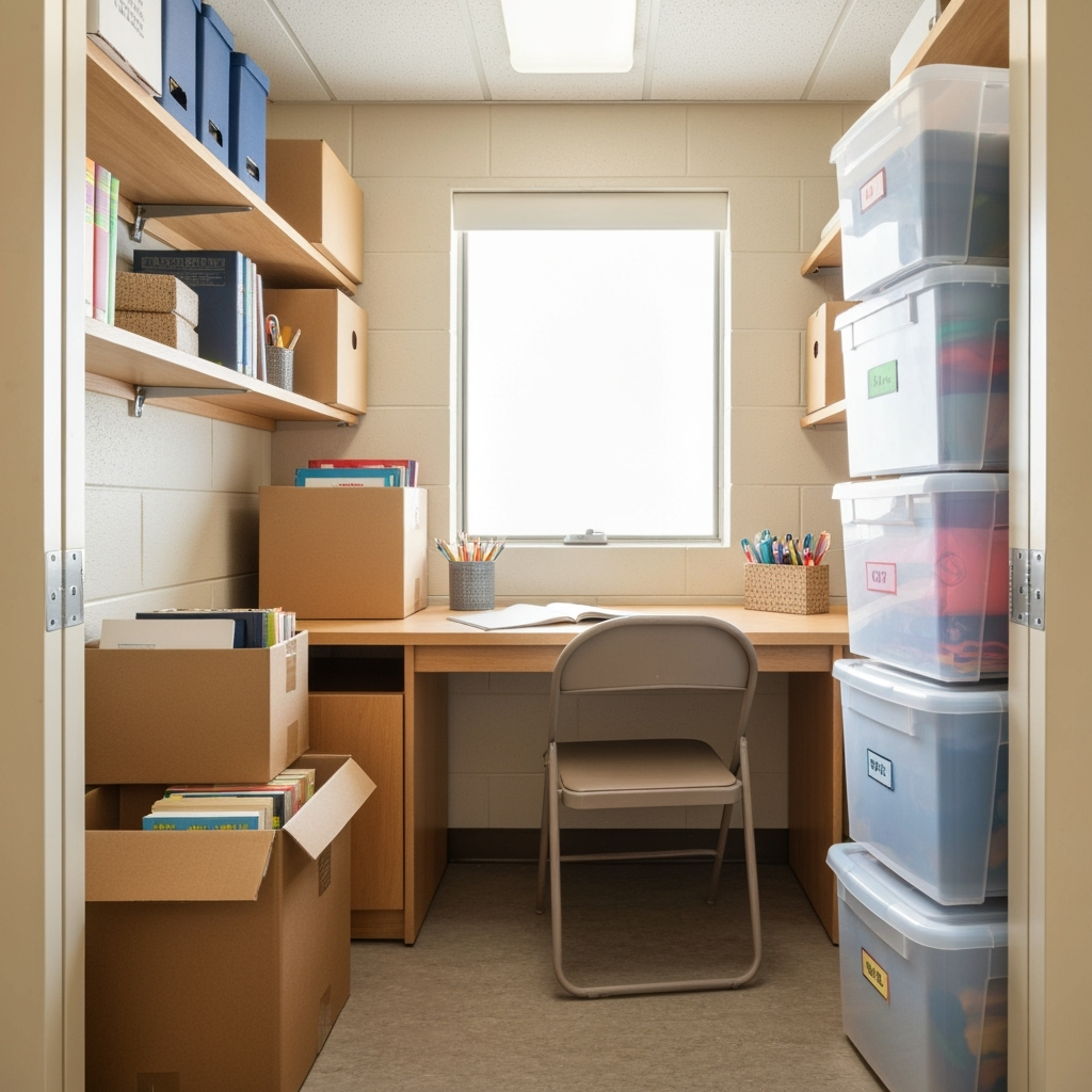 Well-organized storage unit with college items