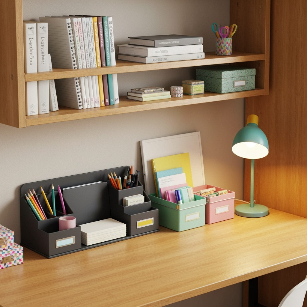 Detailed view of dorm room storage and organization systems