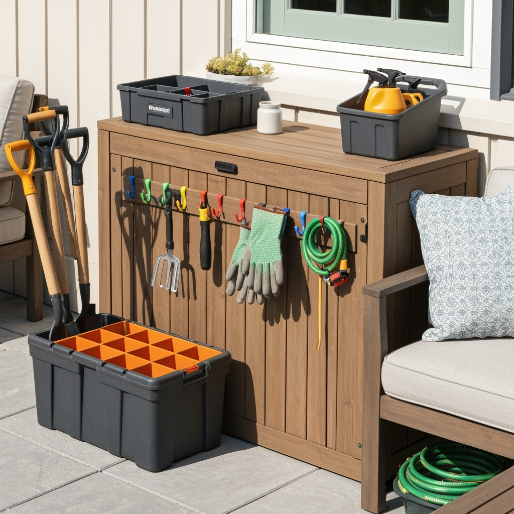 Detailed view of organized outdoor equipment storage