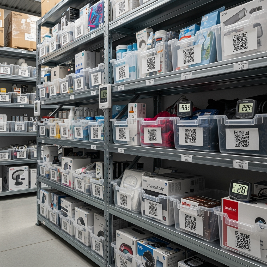 Properly stored retail inventory with visible temperature monitoring equipment