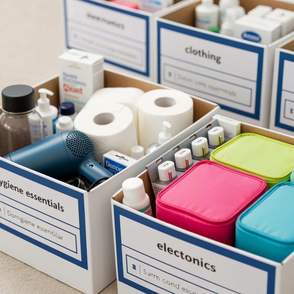 Organized storage boxes with college items properly labeled