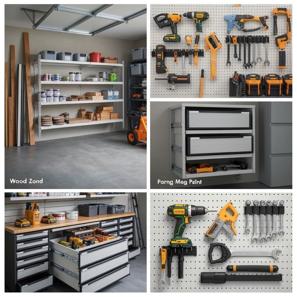 Detailed view of garage organization systems and zones