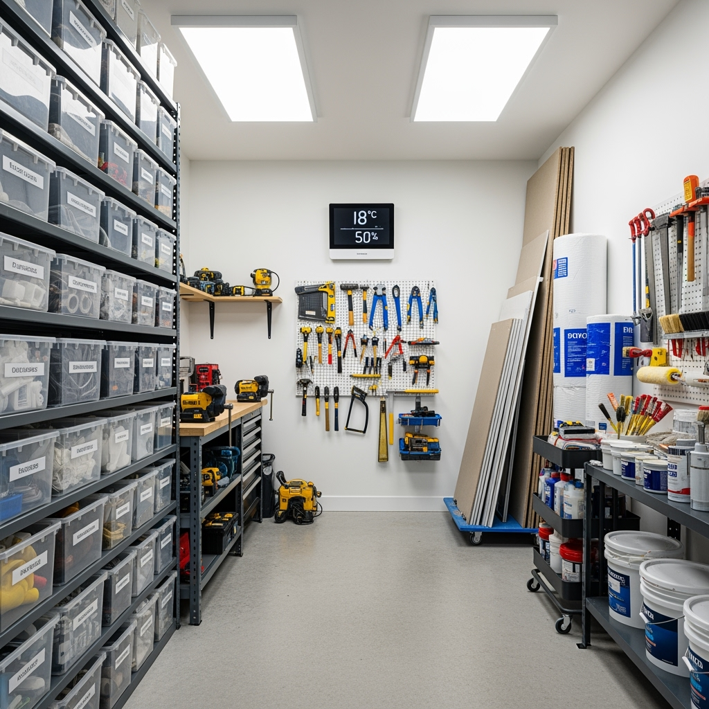 Climate-controlled storage space with organized renovation materials