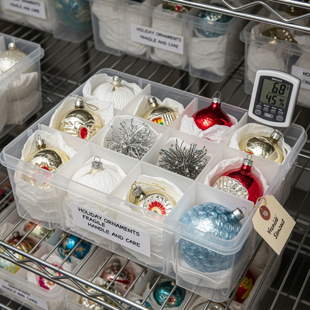 Properly stored holiday ornaments in protective containers