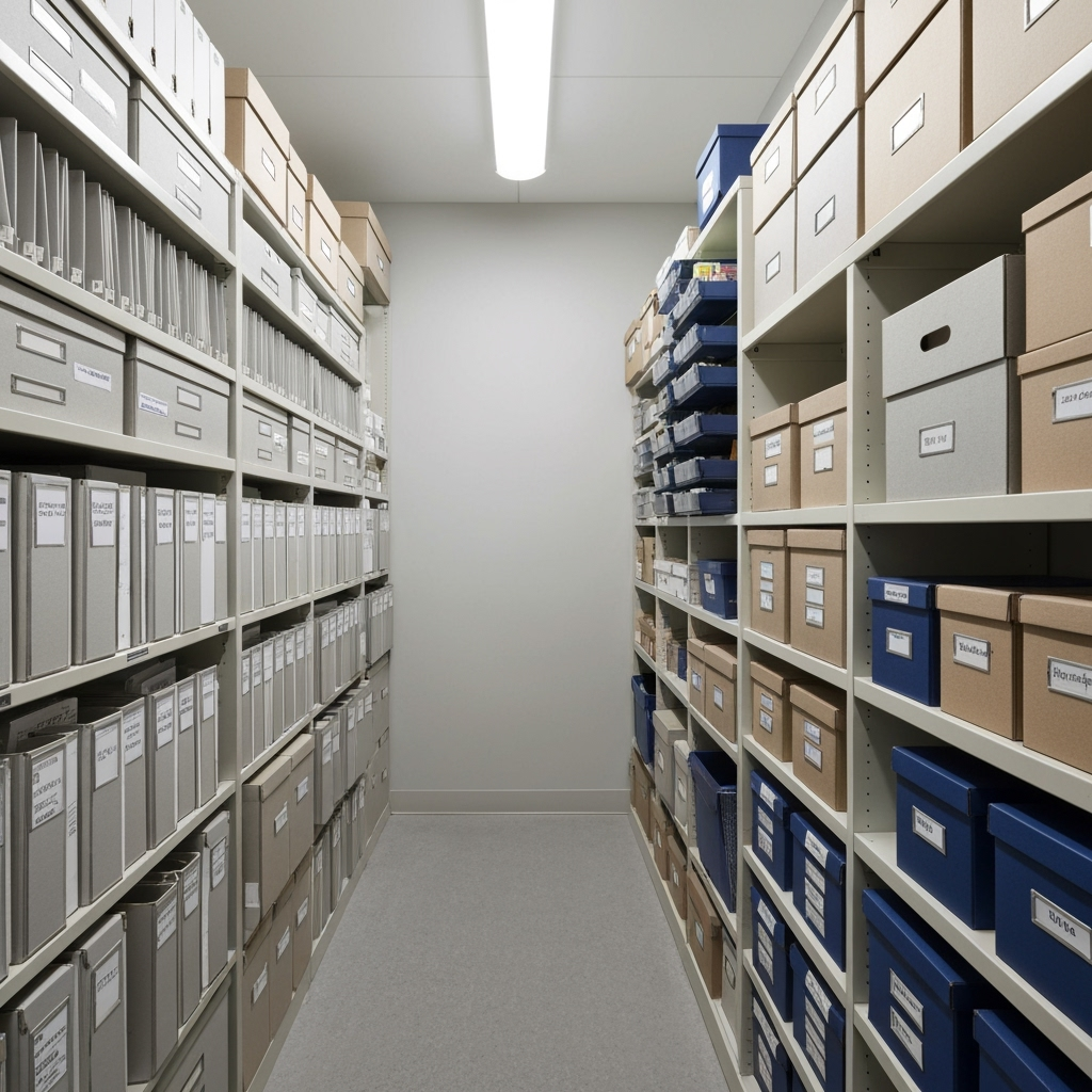 Organized storage unit with professional items and labeled boxes