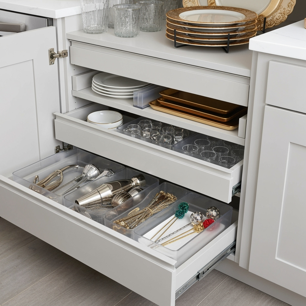 Organized kitchen cabinets with holiday serveware and storage solutions