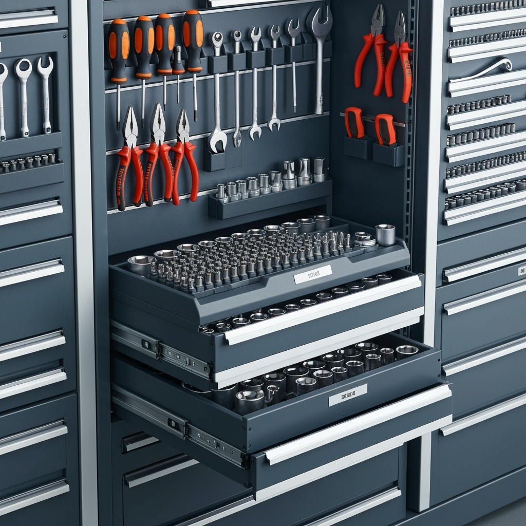 Detailed view of organized automotive tool storage systems
