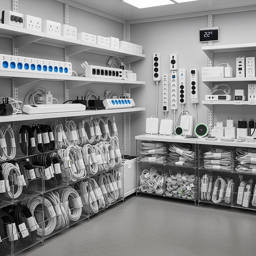 Organized power strips and charging accessories in storage