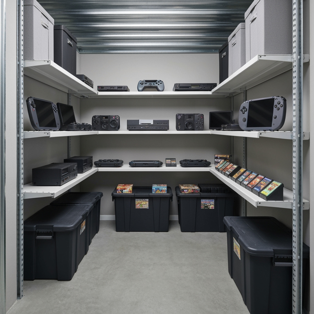 Climate-controlled storage unit with properly stored electronic equipment