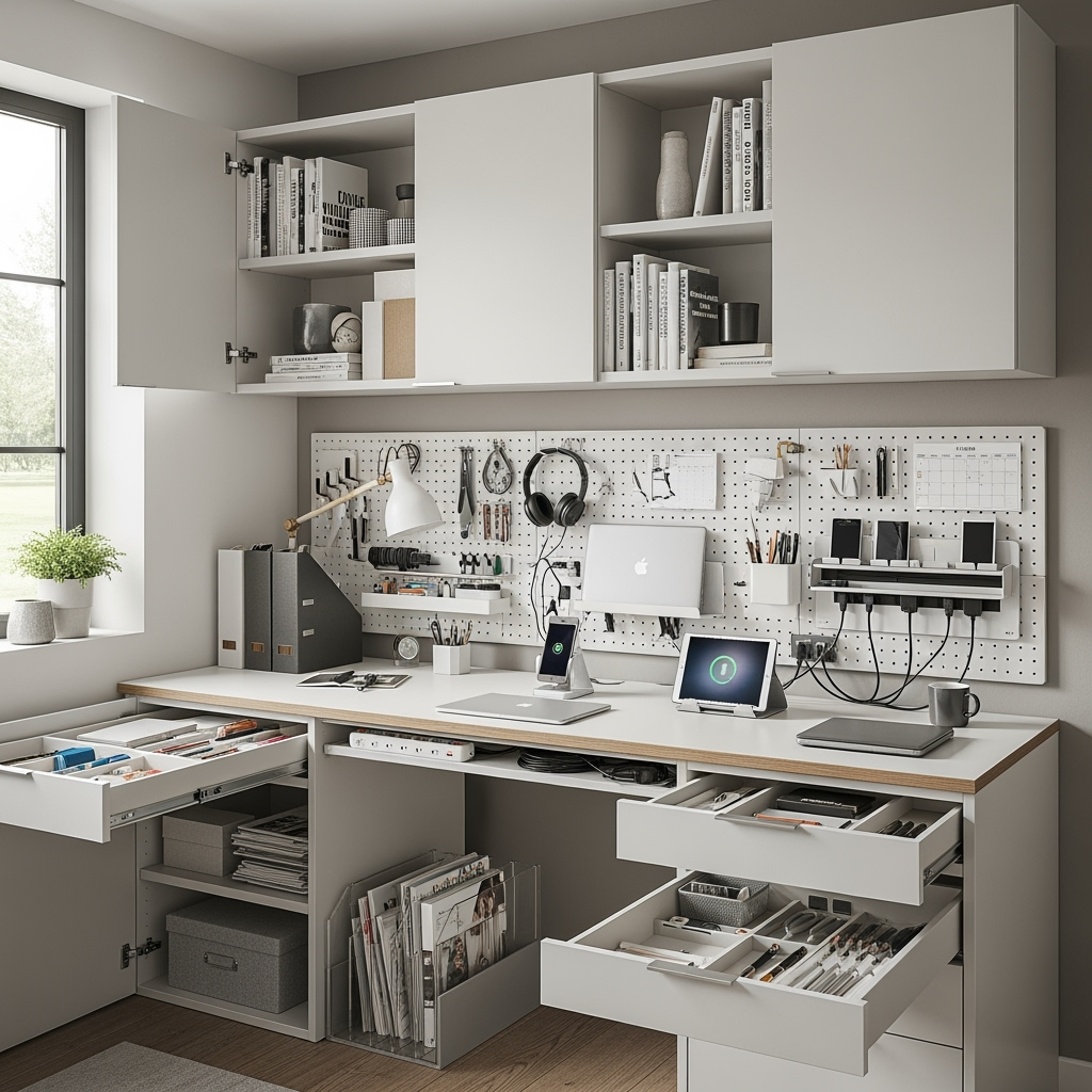 Clever storage solutions integrated into a modern study space