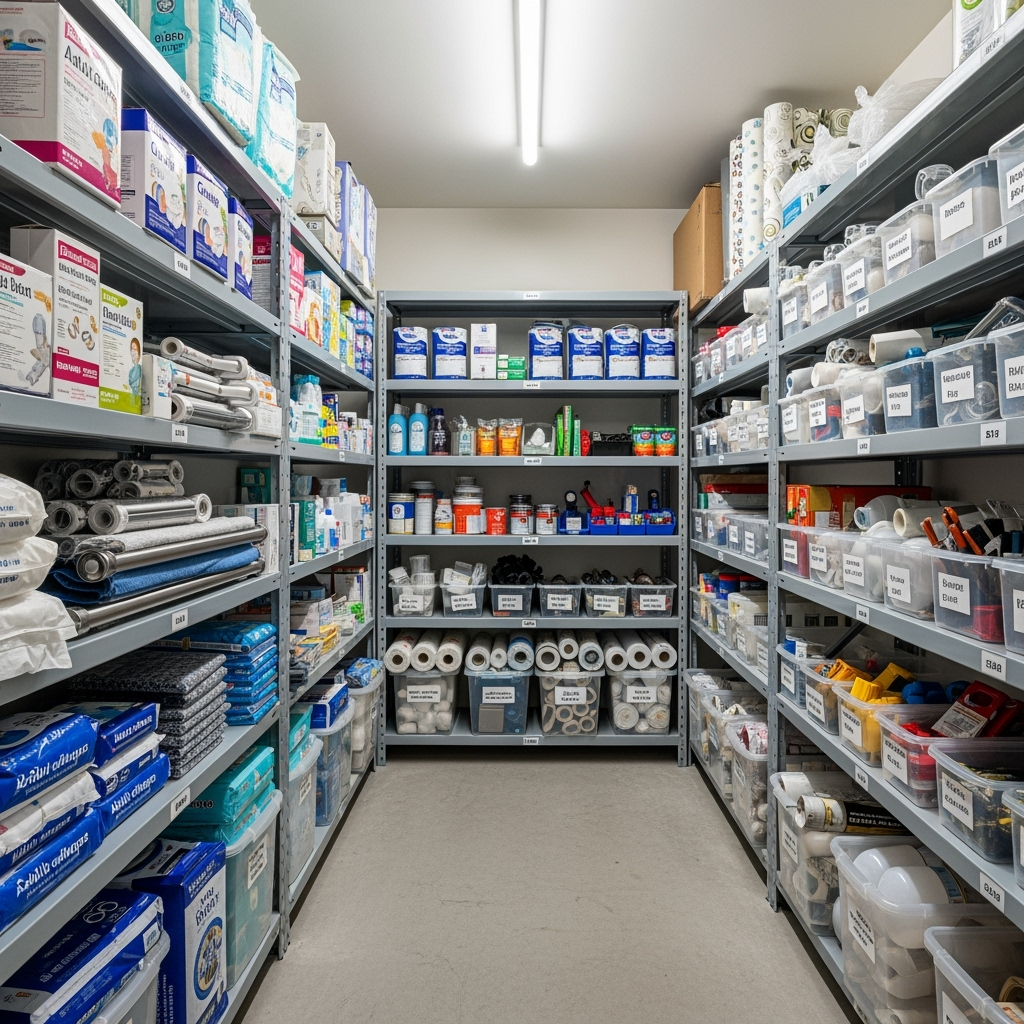 Organized storage unit with senior living supplies and renovation materials