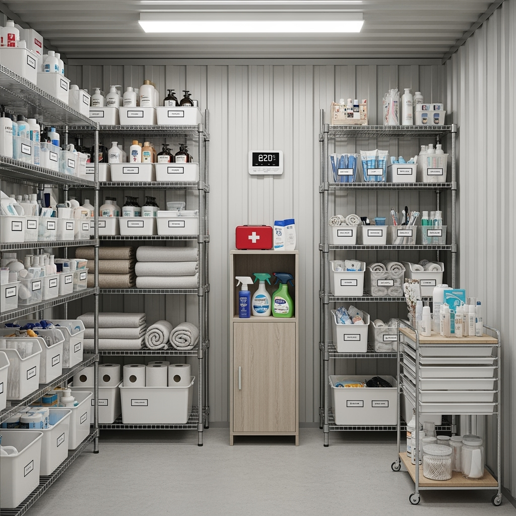 Climate-controlled storage unit with organized bathroom items
