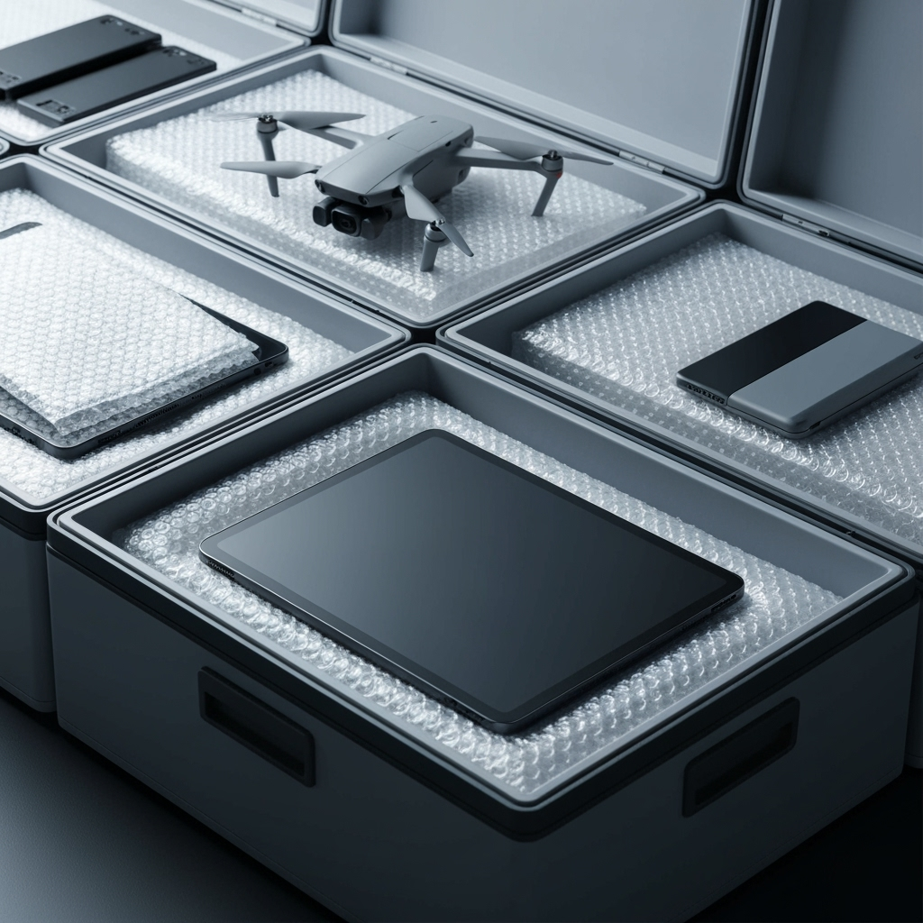 Electronic devices being placed in protective storage containers with proper materials
