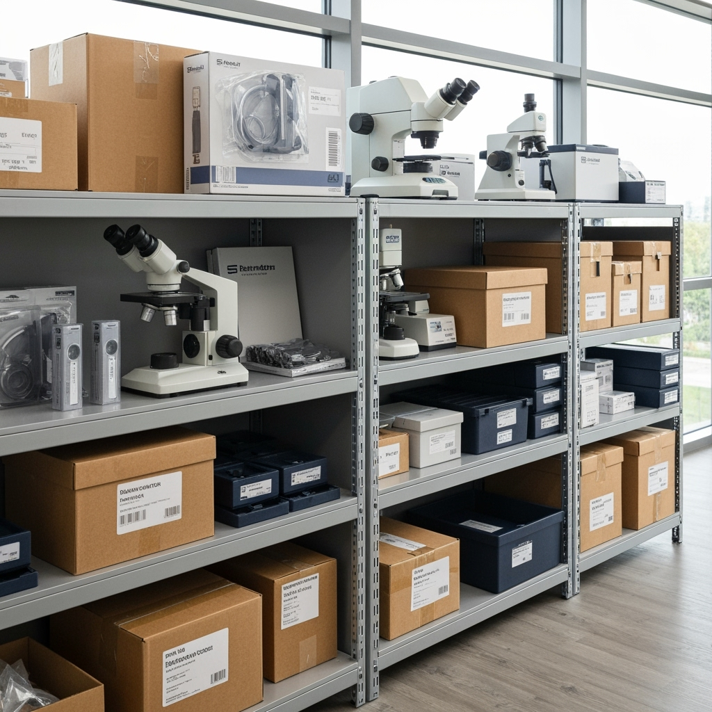 Well-organized business equipment and supplies in storage