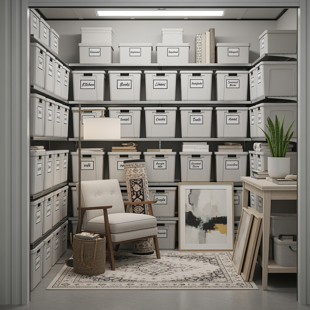 Organized storage unit with staging materials