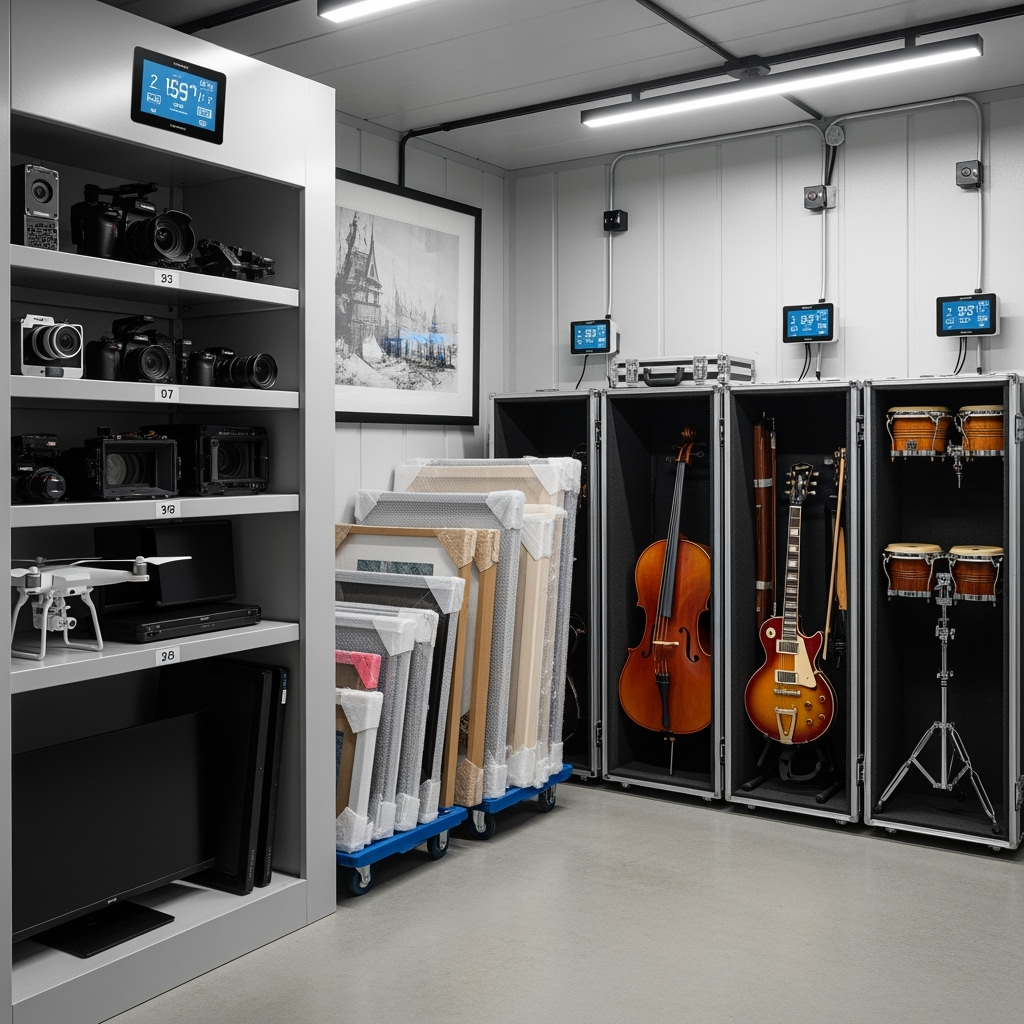 Storage unit with properly stored sensitive items and climate monitoring equipment