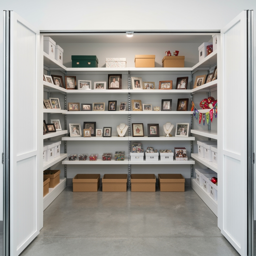 Climate-controlled storage unit with organized family keepsakes