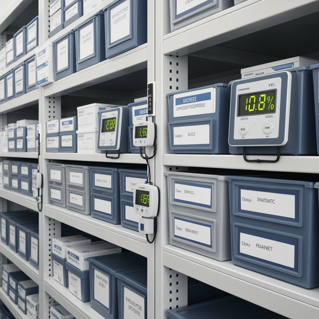Organized medical supply shelving with proper labeling and monitoring equipment in climate-controlled storage