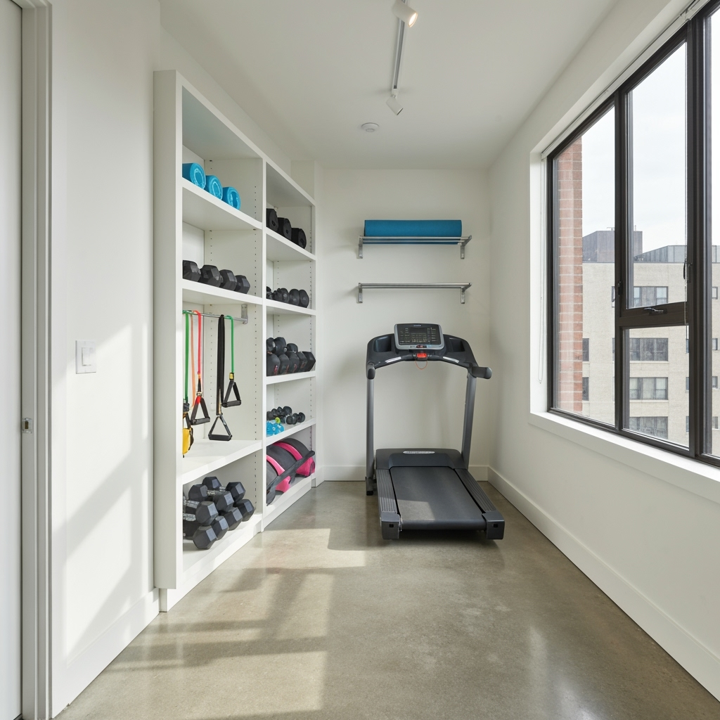 Creative fitness equipment storage solutions in an urban apartment setting