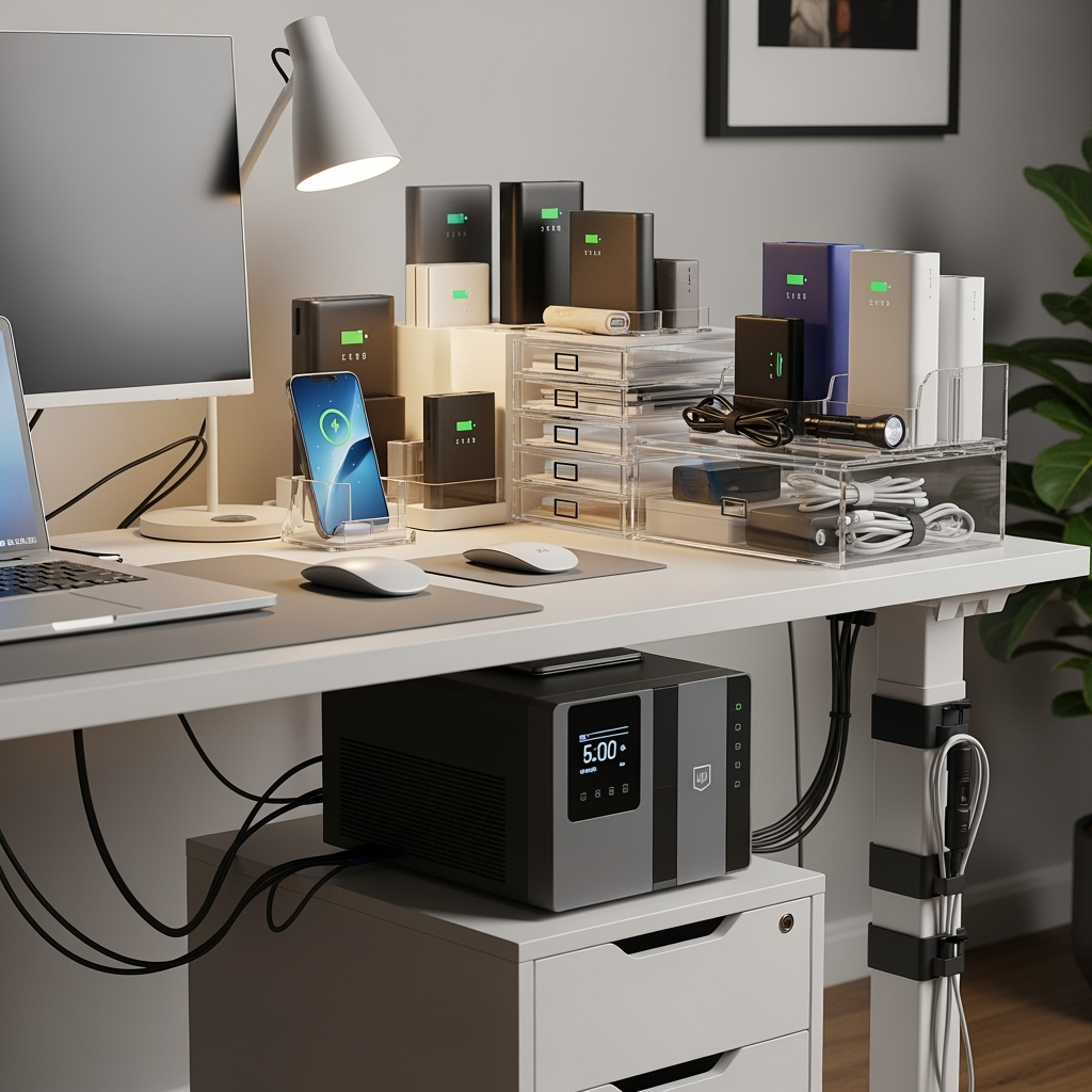 Organized emergency power backup setup for home office
