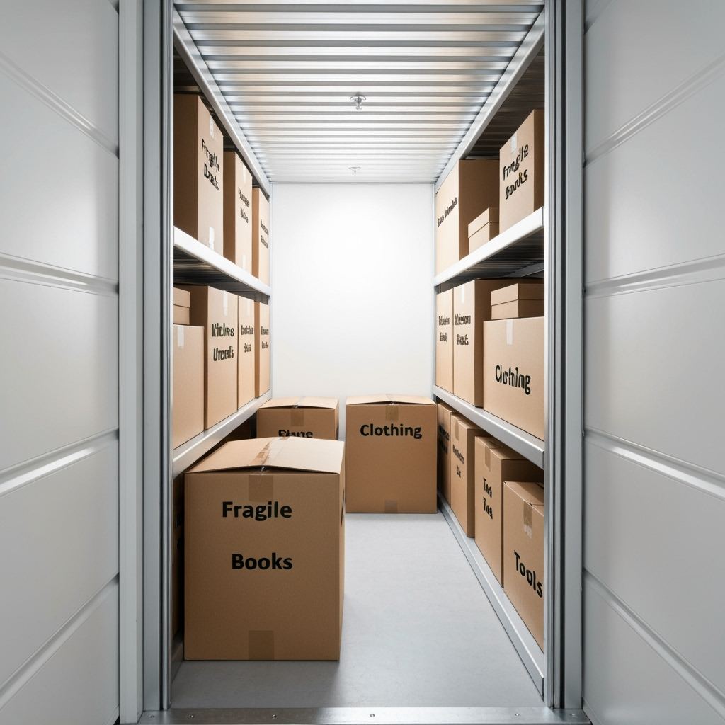 Organized storage unit with labeled boxes