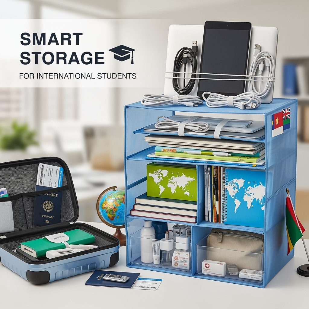 Storage solutions for international students featuring organized tech and educational materials