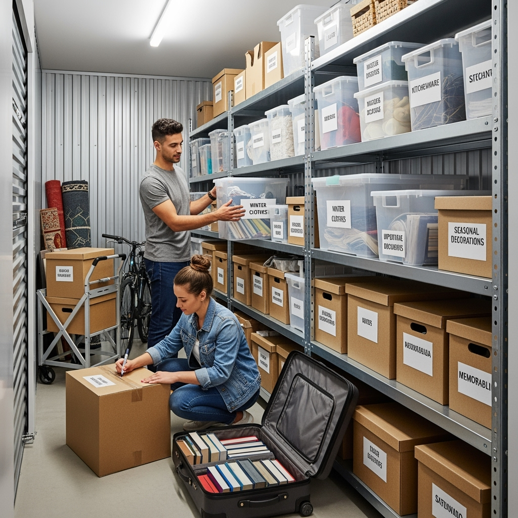 Couples organizing and combining their belongings with clear labeling systems