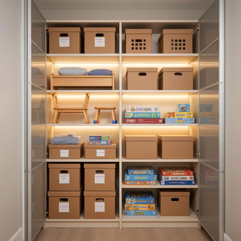 Organized storage unit with labeled boxes and family items