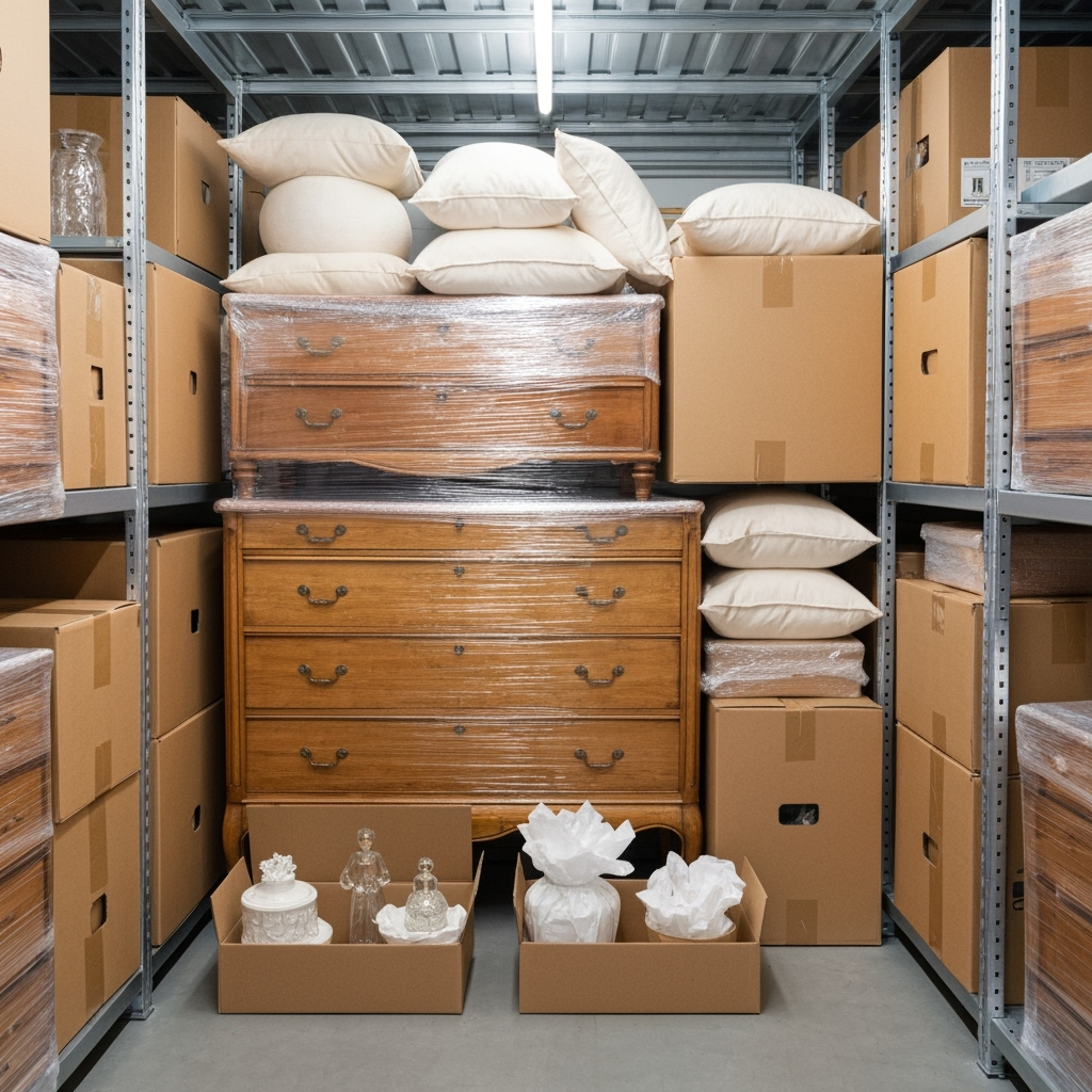 Organized storage unit with protected staging furniture and decor