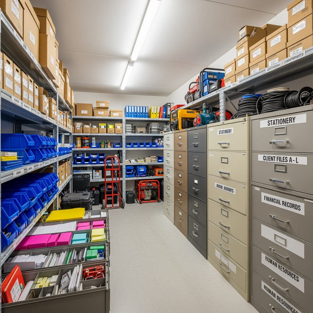 Organized storage unit with office supplies and equipment