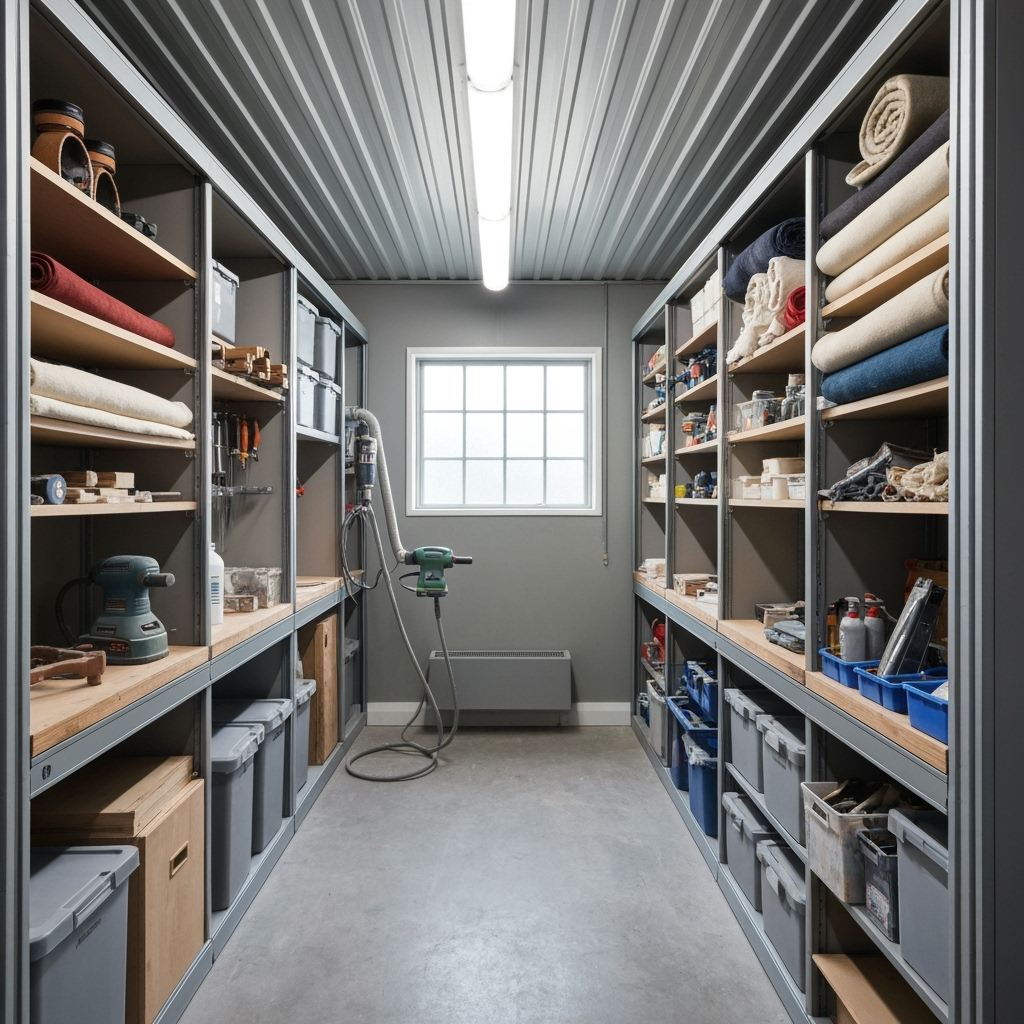 Professional furniture restoration workspace setup in storage unit