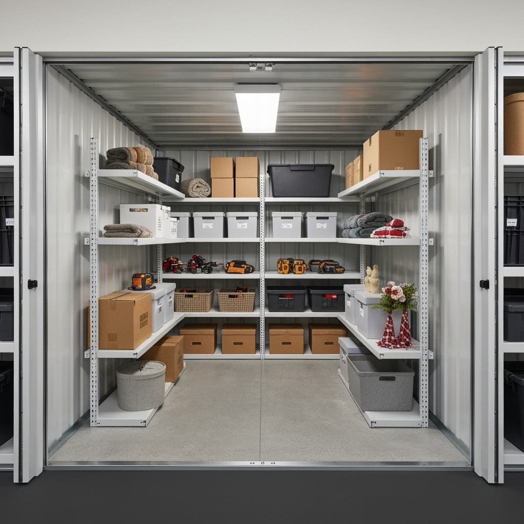 Organized storage unit interior with smart layout features
