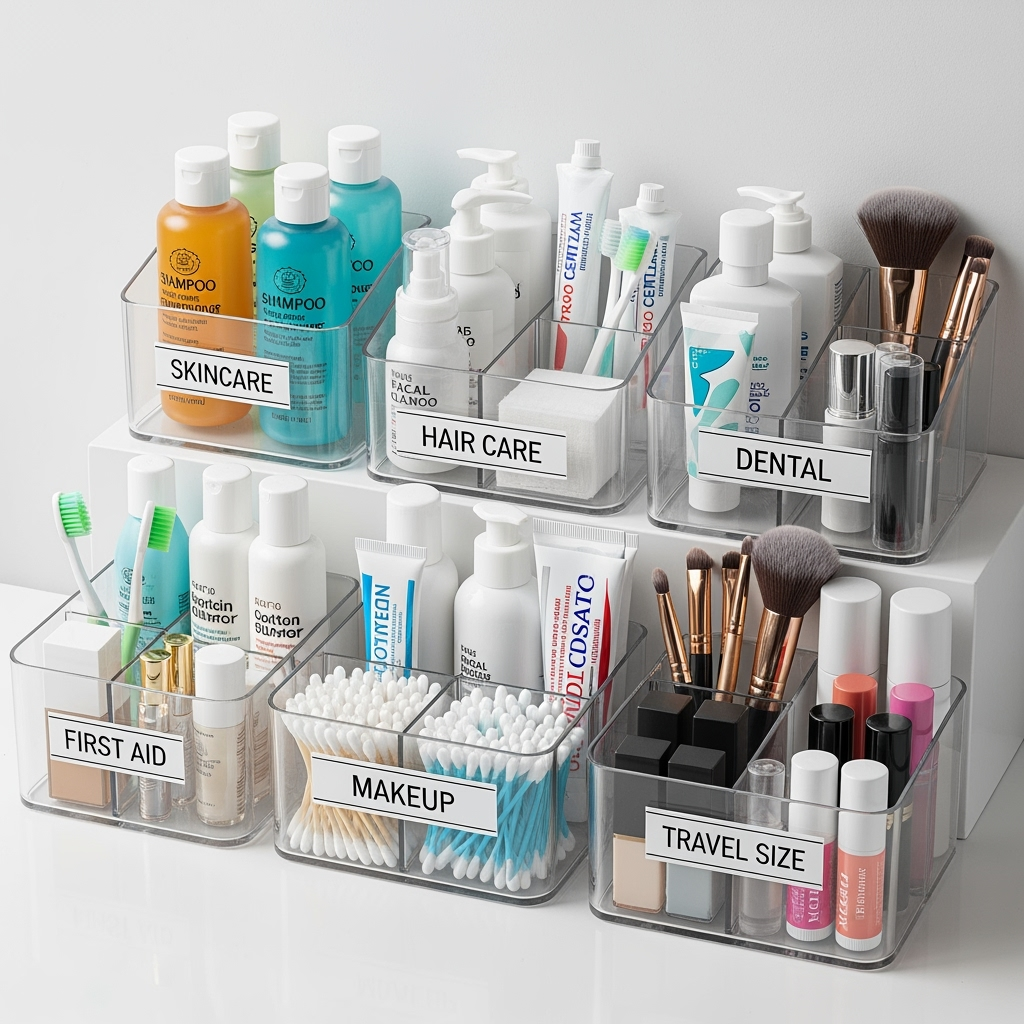Organized portable storage containers and caddies with bathroom essentials