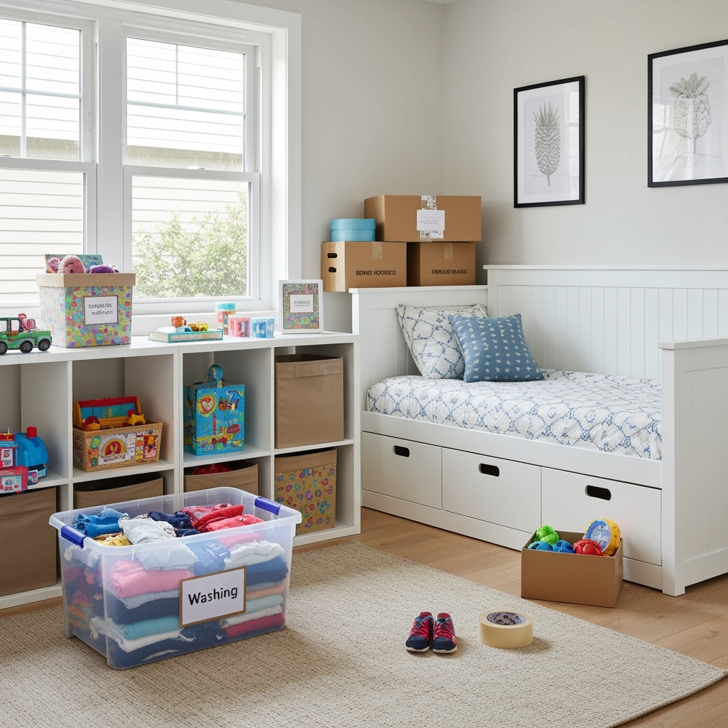Organized children's bedroom with moving boxes