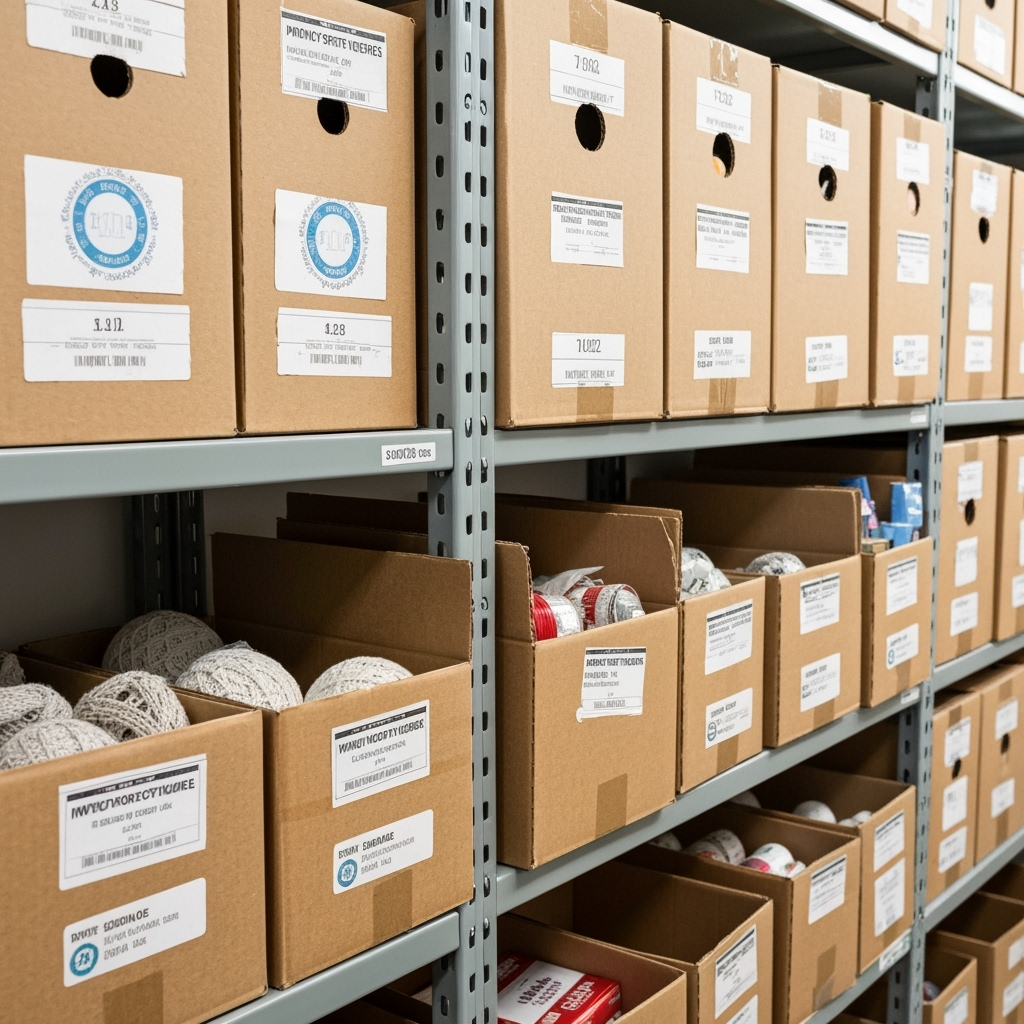 Organized storage shelves with labeled seasonal inventory