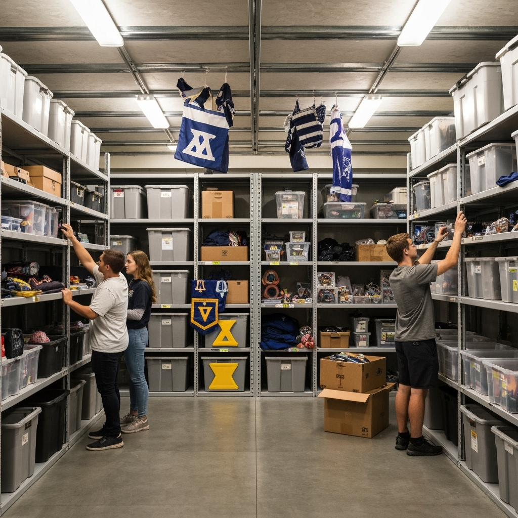 Students organizing fraternity and sorority items in storage units