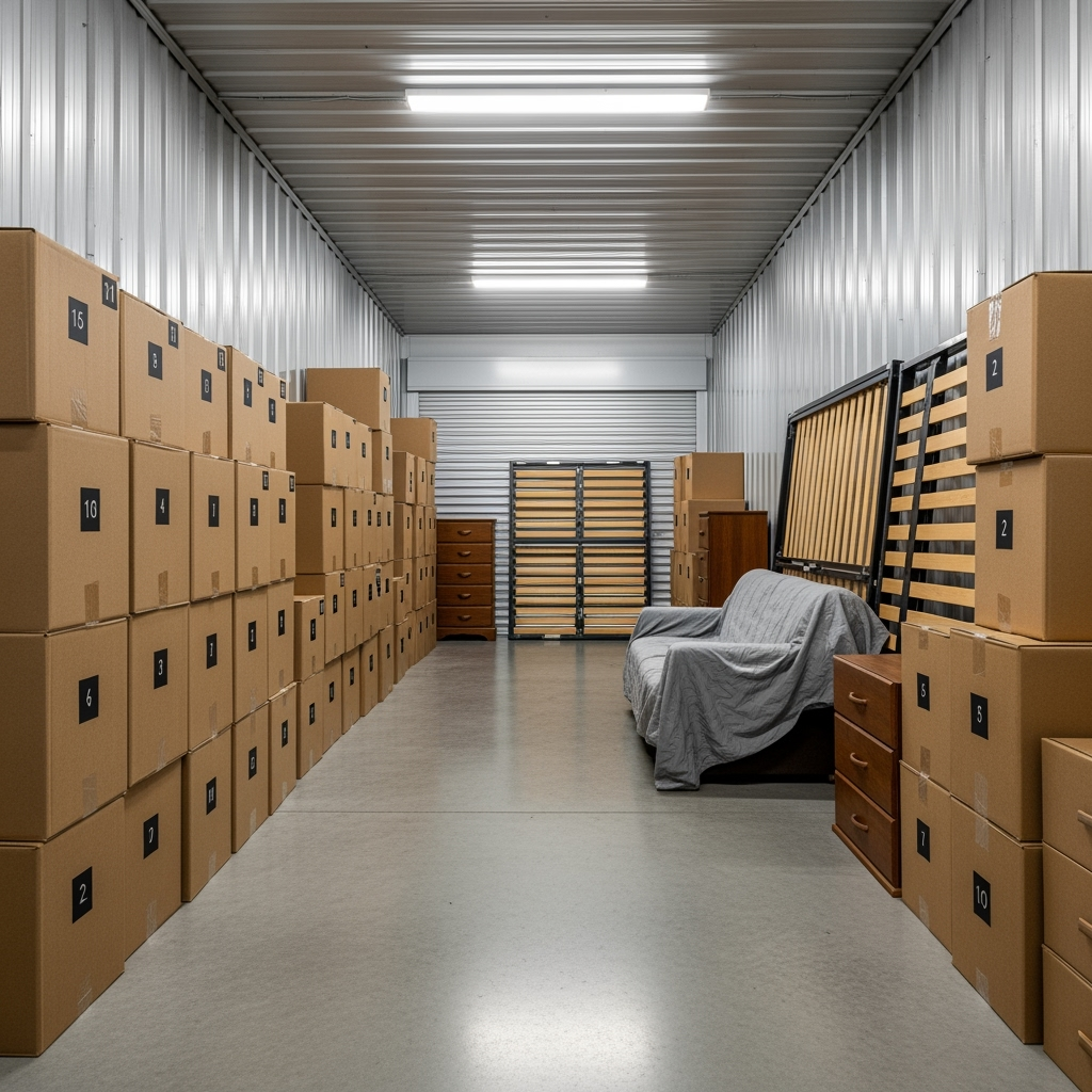 Organized storage unit with clearly labeled boxes and furniture