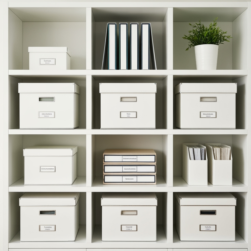 Organized storage unit with minimalist organization systems