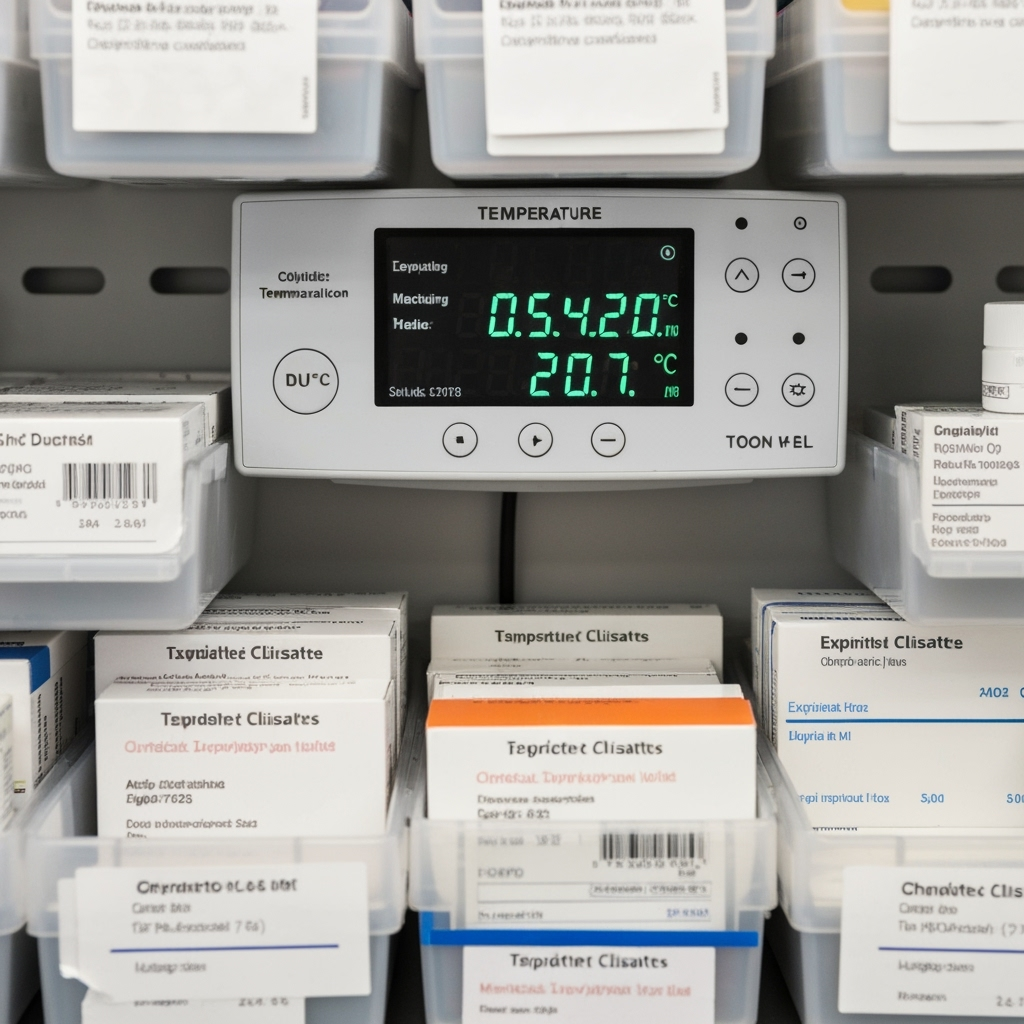 Organized medical supplies with proper labeling in climate-controlled storage