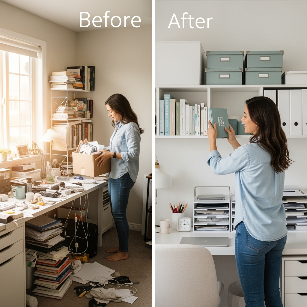 Person organizing items showing the transformation from cluttered to organized space