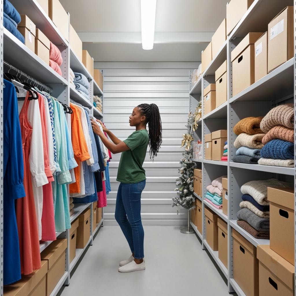 Retail business owner organizing seasonal inventory in storage unit