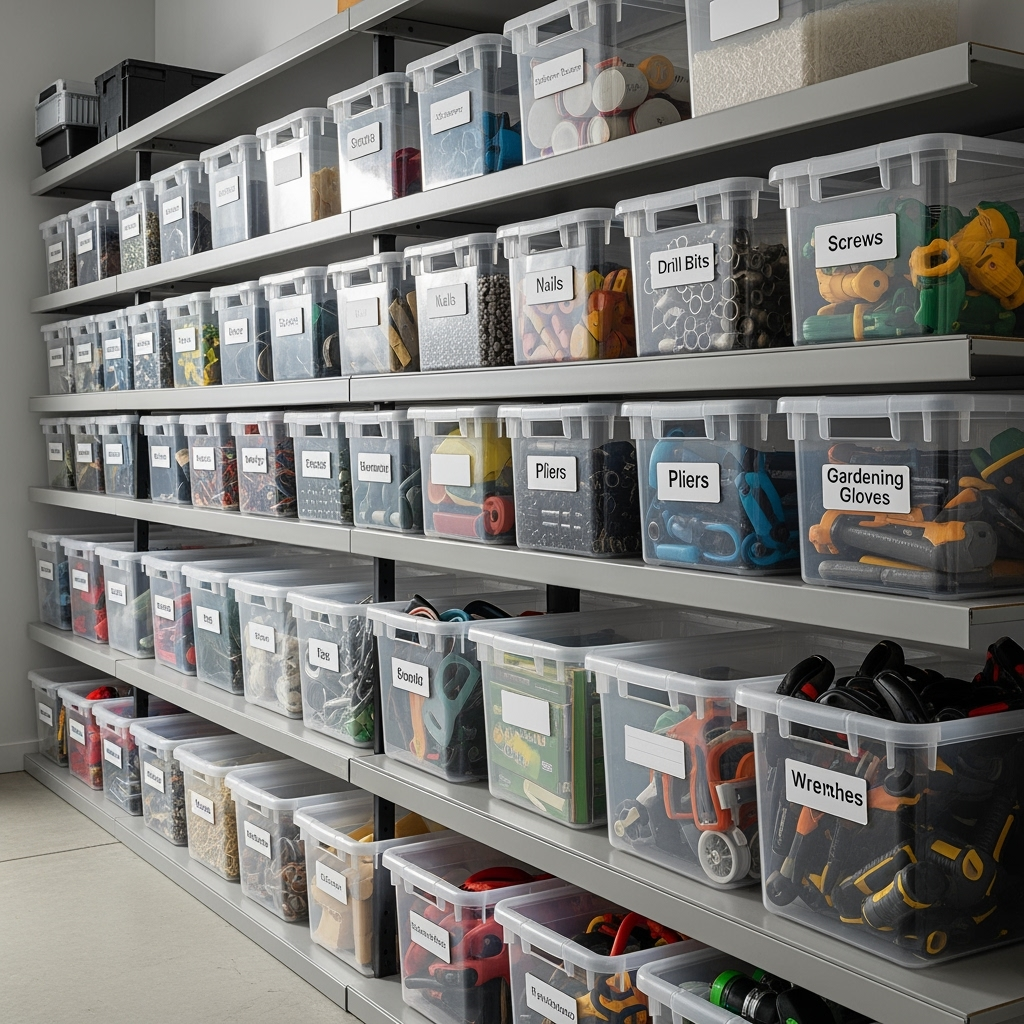 Labeled storage bin system for garage tools