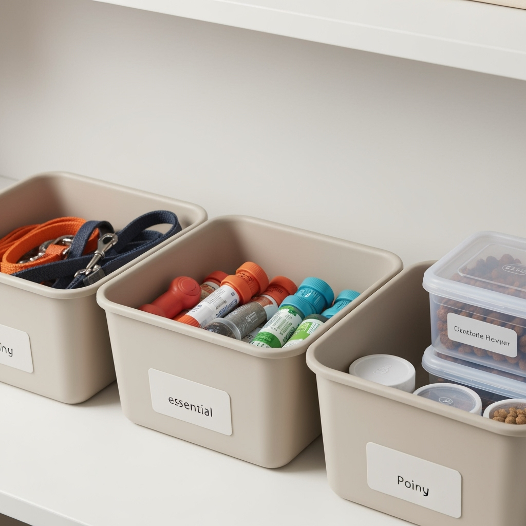 Organized pet storage solutions with labeled bins