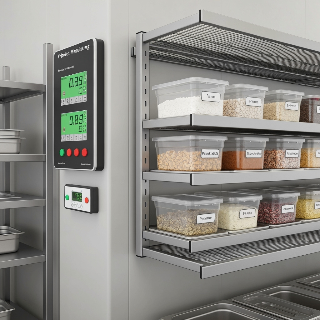 Organized food service storage solutions with temperature monitoring
