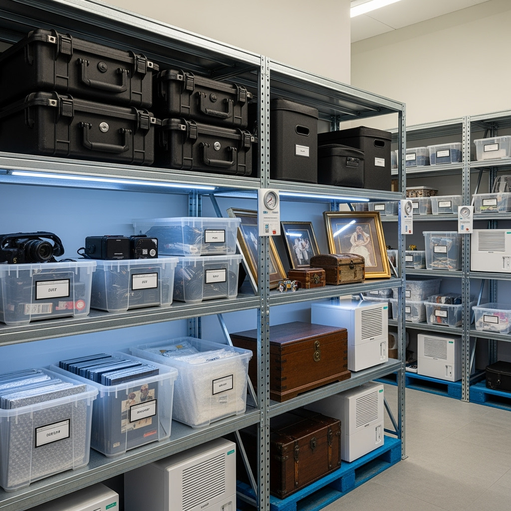 Organized storage shelving with professional equipment and family items