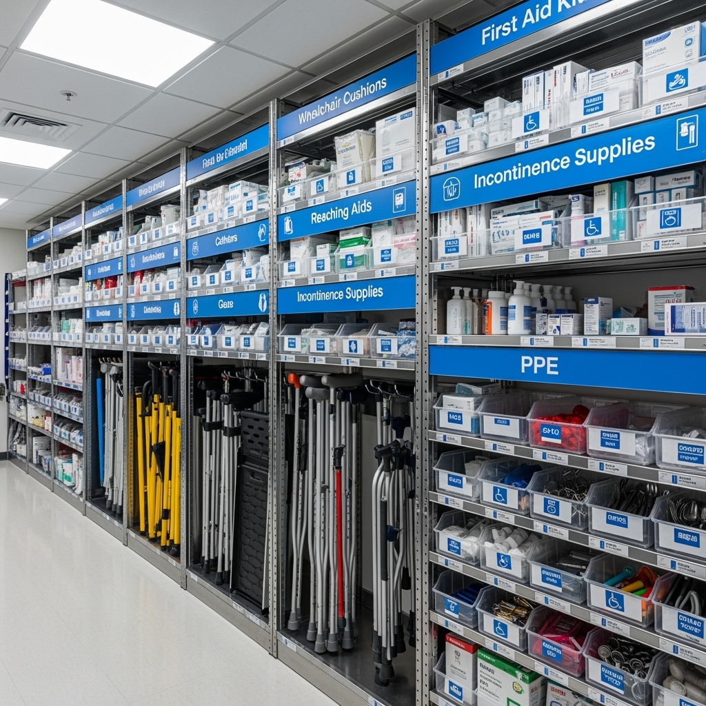 Well-organized storage section with medical supplies and equipment
