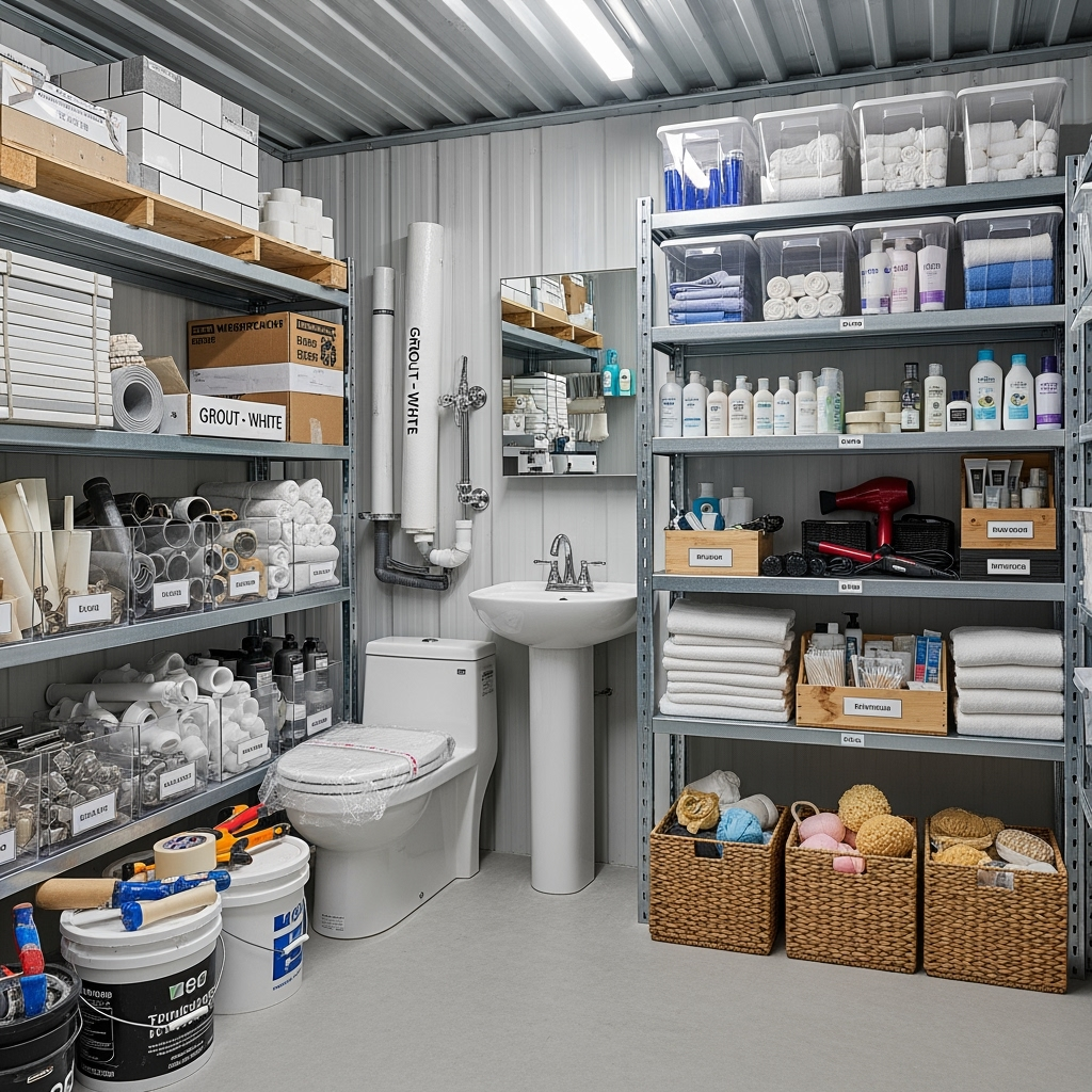 Organized storage unit with bathroom renovation materials