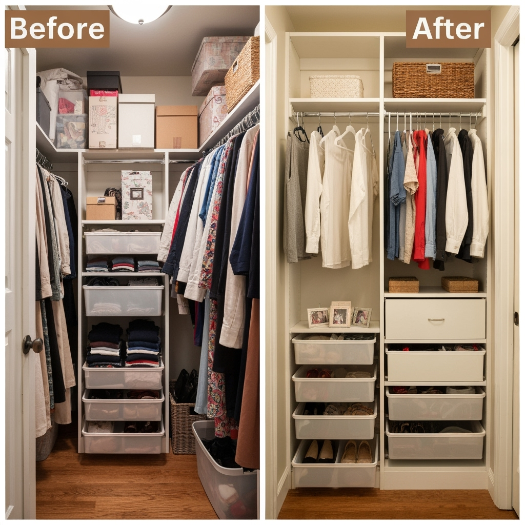 Before and after of organized storage solutions for empty nesters